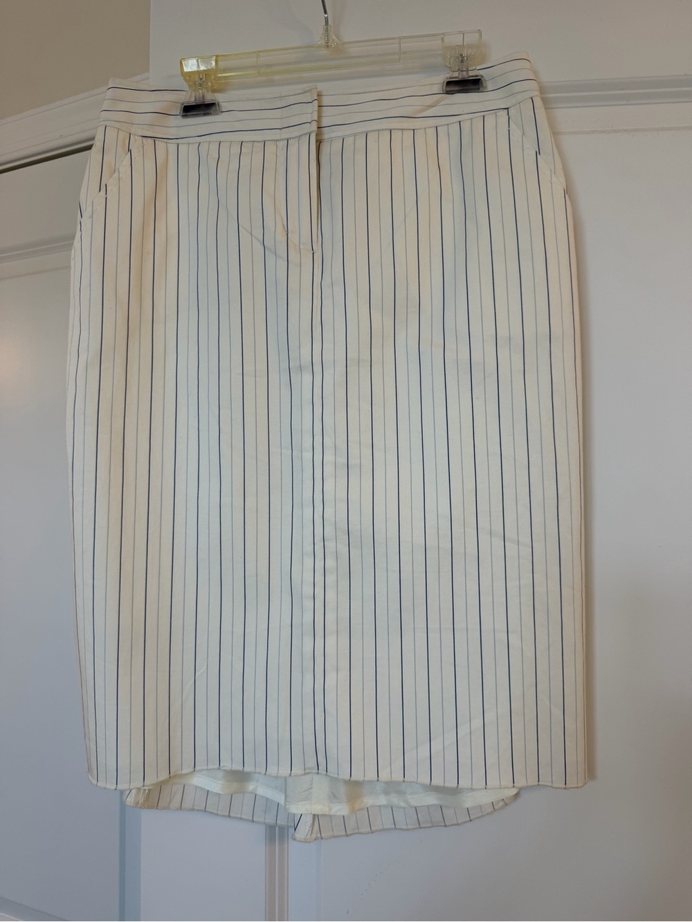 BCBGMaxAzria White Pencil Skirt with Navy Pinstripes